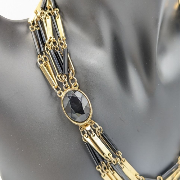 Vintage Black Glass Bugle Bead Multi Strand Gold Tone Chain Necklace 1970s - Picture 3 of 14